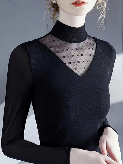 Vzyzv Contrast Mesh Mock Neck Knitted Top, Elegant Long Sleeve Slim Sweater, Women's Clothing
