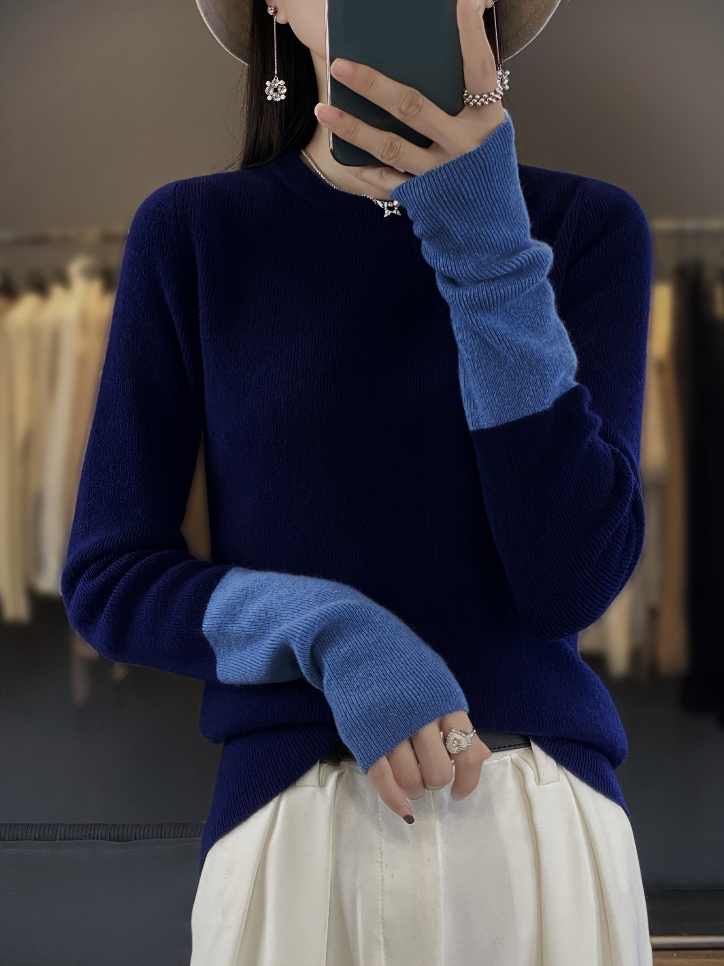 Vzyzv Color Block Crew Neck Pullover Sweater, Elegant Long Sleeve Slim Sweater, Women's Clothing