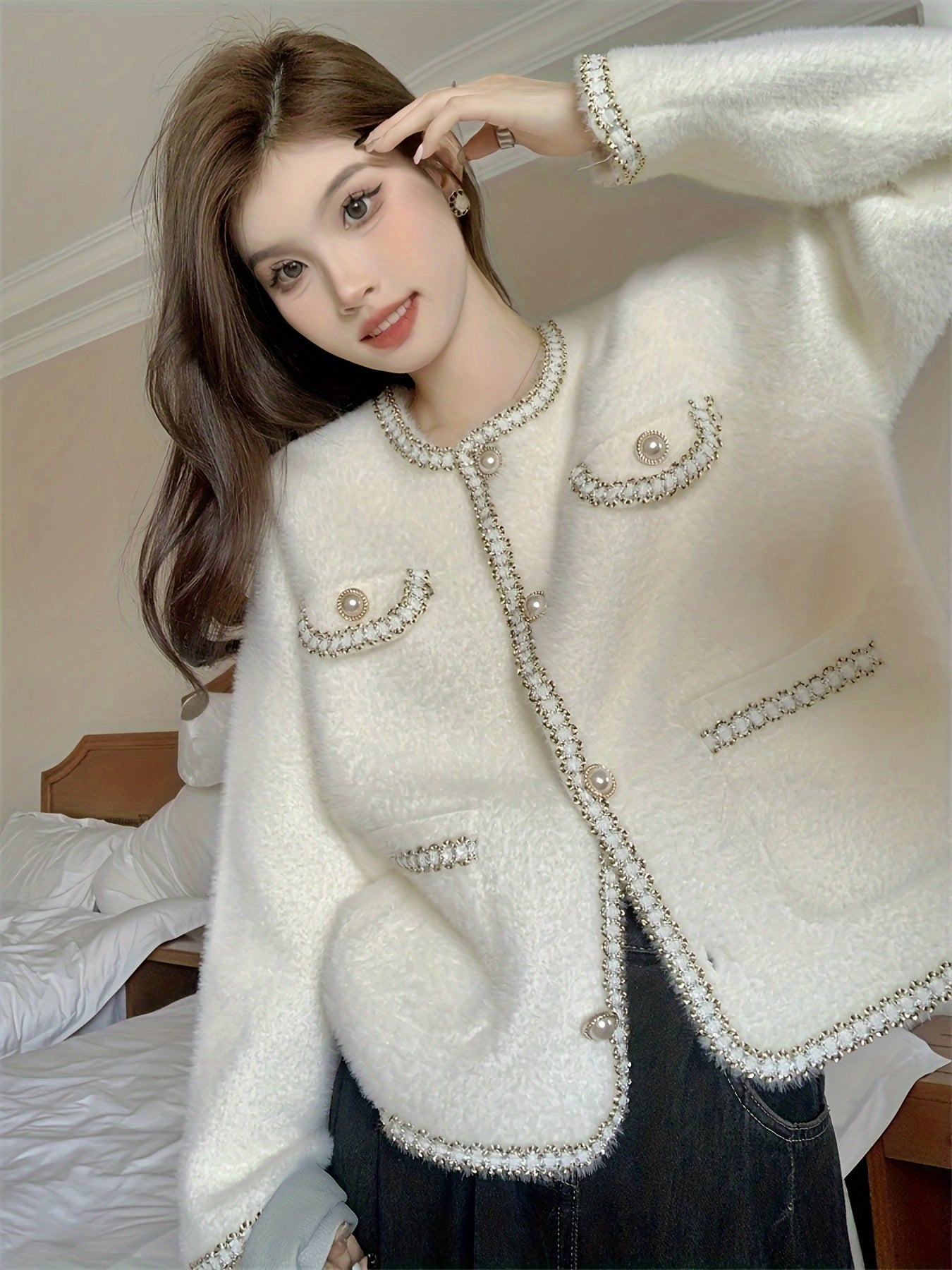 Vzyzv Contrast Trim Button Down Knit Cardigan, Elegant Long Sleeve Cozy Sweater, Women's Clothing