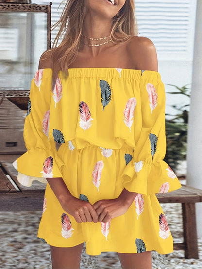 Vzyzv Boho Leaf Graphic Print Off Shoulder Dress, Sexy Backless Ruffle Sleeve Dress For Spring & Summer, Women's Clothing