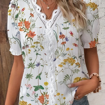 Vzyzv Floral Print Contrast Lace Blouse, Casual V Neck Short Sleeve Summer Blouse, Women's Clothing