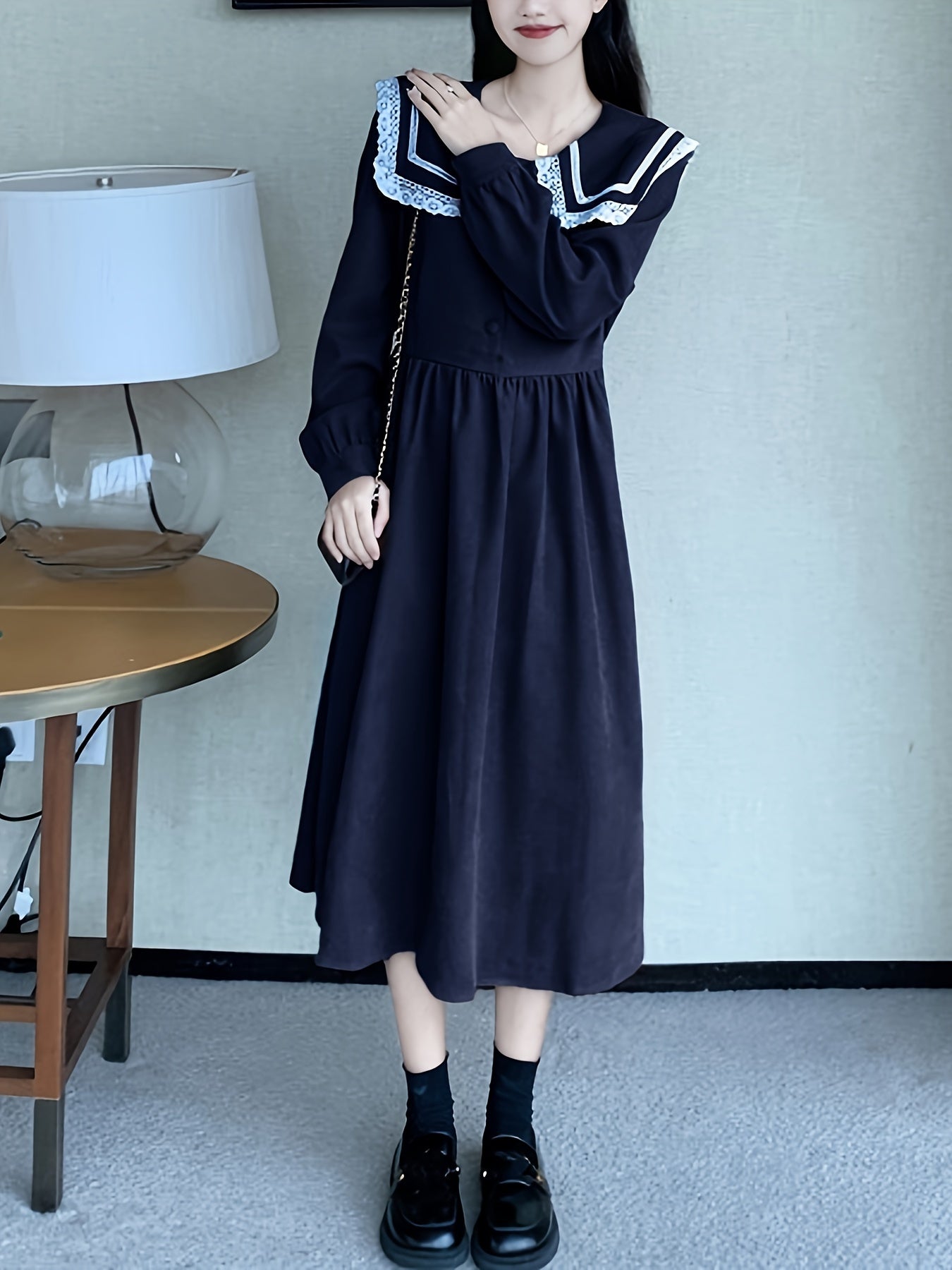 Vzyzv Contrast Trim Sailor Collar Belted Dress, Preppy Long Sleeve Ruffle Hem Aline Dress For Spring & Fall, Women's Clothing