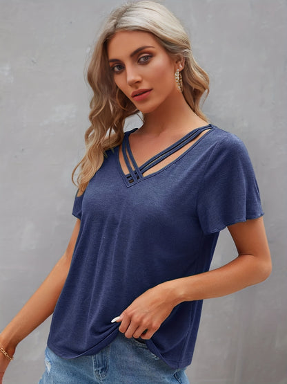 Vzyzv Criss Cross V Neck T-shirt, Casual Short Sleeve Summer Simple T-shirt, Women's Clothing