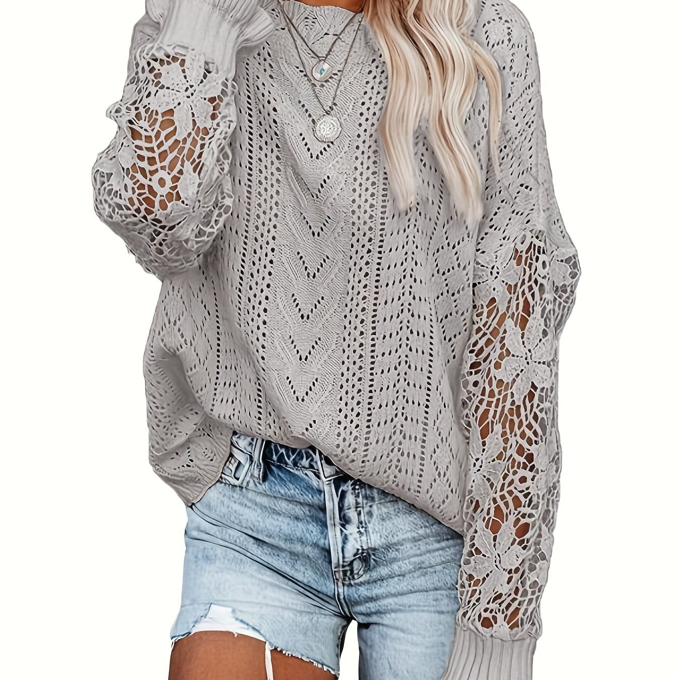 Vzyzv Contrast Lace Eyelet Knit Sweater, Casual Crew Neck Long Sleeve Sweater, Women's Clothing