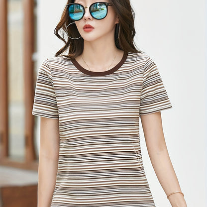 Vzyzv Striped Crew Neck T-shirt, Elegant Short Sleeve T-shirt For Spring & Summer, Women's Clothing