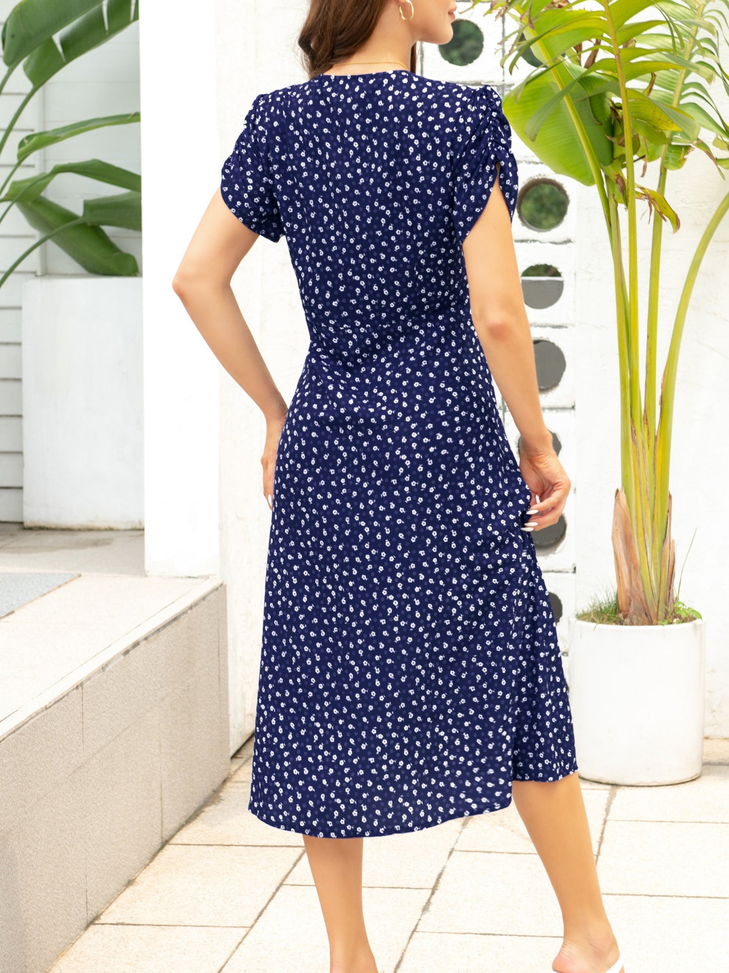 Vzyzv Floral Print Button Dress, Elegant V Neck Short Sleeve Dress, Women's Clothing