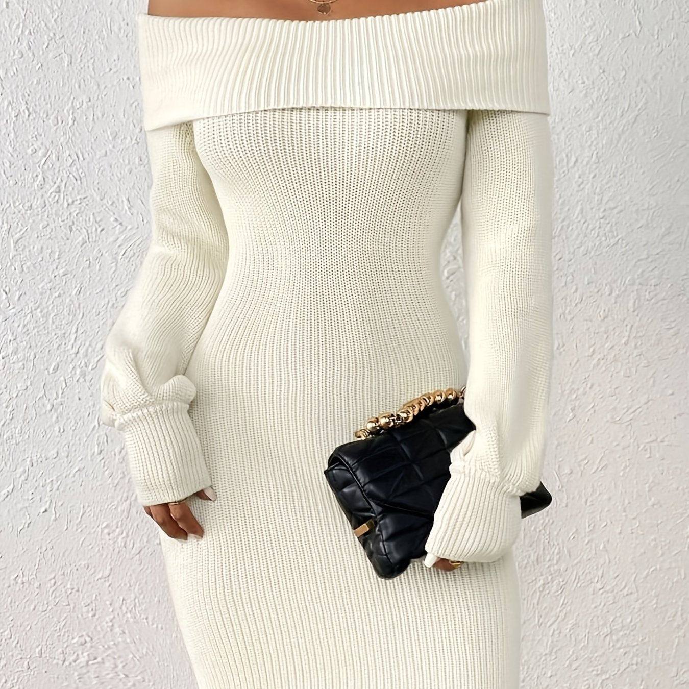 VzyzvSolid Off-shoulder Knit Dress, Elegant Long Sleeve Dress For Fall & Winter, Women's Clothing