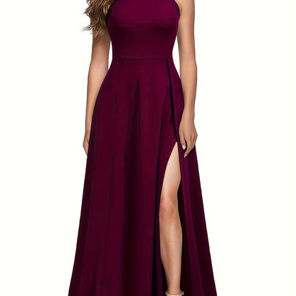 Split Thigh Mock Neck Dress, Elegant Sleeveless Solid Maxi Dress, Women's Clothing