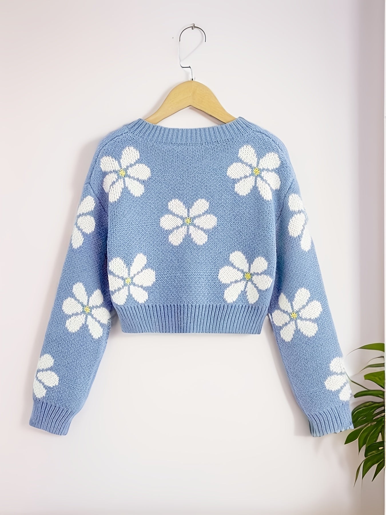 Vzyzv Floral Jacquard Girls Drop Shoulder V-neck Knitted Sweater For Fall Winter