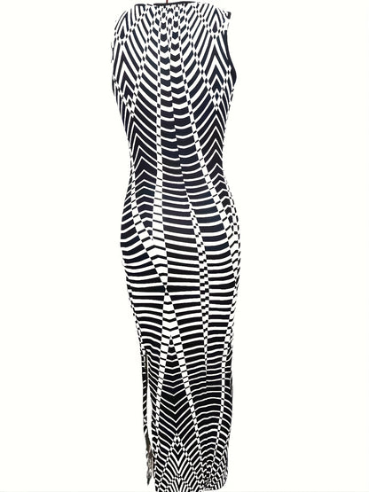 Vzyzv Allover Print Split Tank Dress, Casual Crew Neck Fishtail Dress For Spring & Summer, Women's Clothing