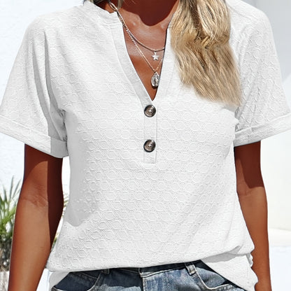 Vzyzv Eyelet Button Front V Neck T-Shirt, Casual Short Sleeve Top For Spring & Summer, Women's Clothing