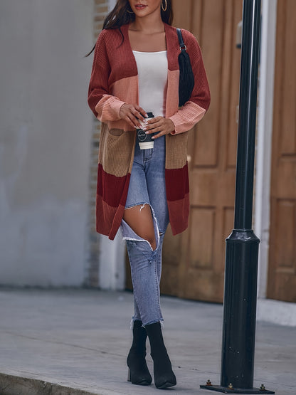 Vzyzv Color Block Drop Shoulder Cardigan, Casual Mid Length Loose Pockets Sweater, Women's Clothing