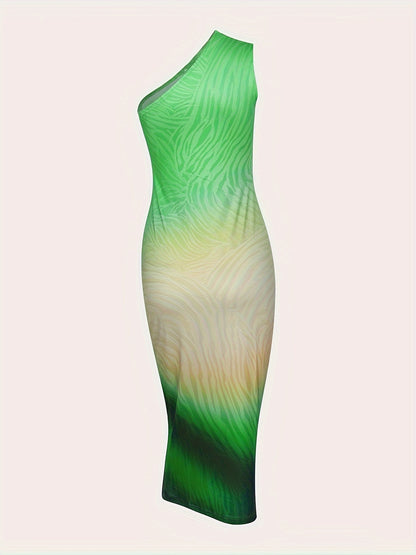 Vzyzv Tie Dye Print Bodycon Dress, Elegant Slanted Shoulder Sleeveless Dress, Women's Clothing