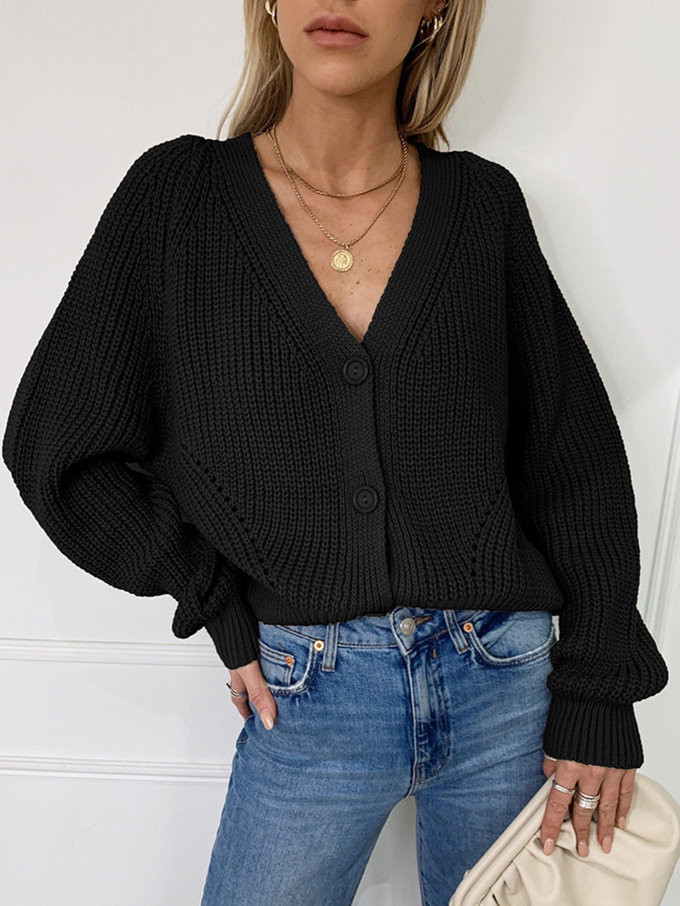 Vzyzv Women's Sweater Solid V-neck Button Up Knit Cardigan