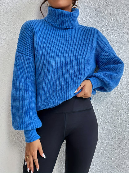 Vzyzv Solid Turtleneck Pullover Sweater, Elegant Long Sleeve Drop Shoulder Sweater, Women's Clothing