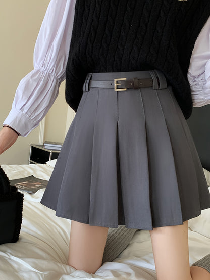 Vzyzv Solid Pleated Aline Skirt, Preppy High Waist Skirt For Spring & Fall, Women's Clothing
