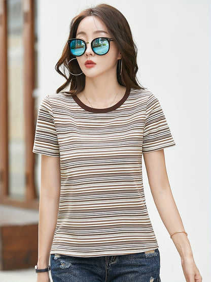 Vzyzv Striped Crew Neck T-shirt, Elegant Short Sleeve T-shirt For Spring & Summer, Women's Clothing
