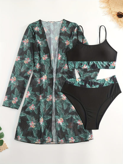 Vzyzv Tropical Print Contrast Trim Scoop Neck Bikini Set, High Strech Spaghetti Straps Cover Up Swimsuit, 3 Piece Set, Women's Swimwear & Clothing