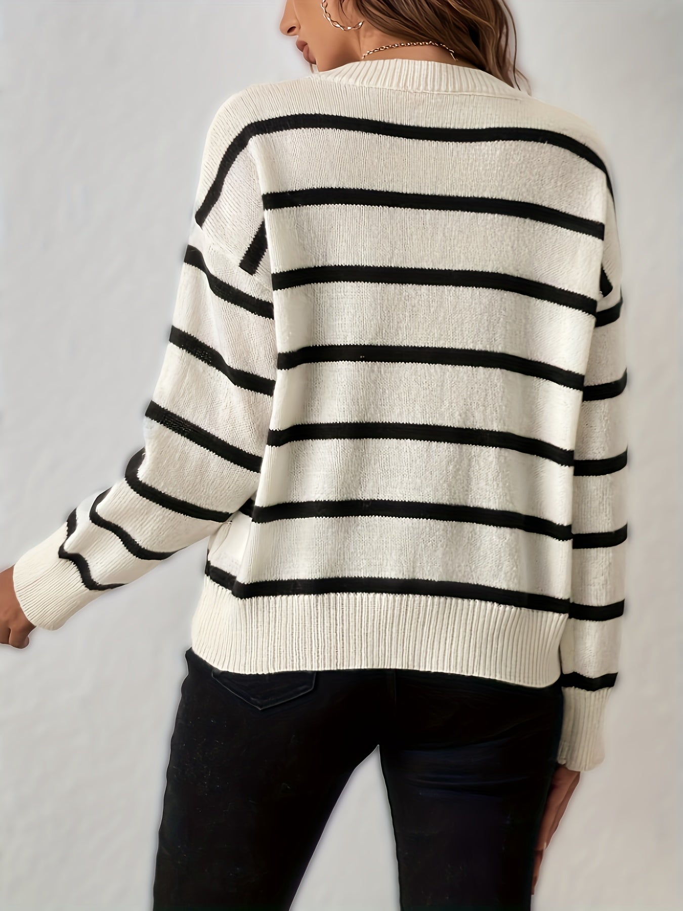 Vzyzv Stripe Pattern Knitted Pullover Top, Casual V Neck Long Sleeve Sweater For Fall & Winter, Women's Clothing