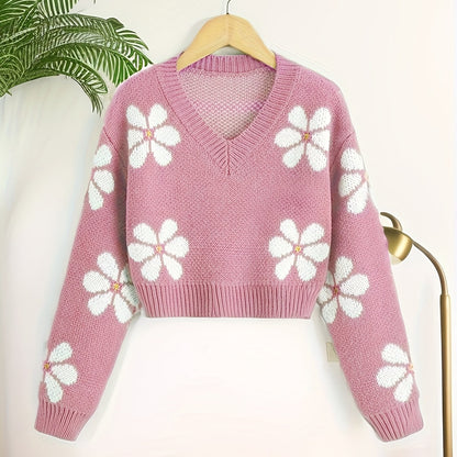 Vzyzv Floral Jacquard Girls Drop Shoulder V-neck Knitted Sweater For Fall Winter