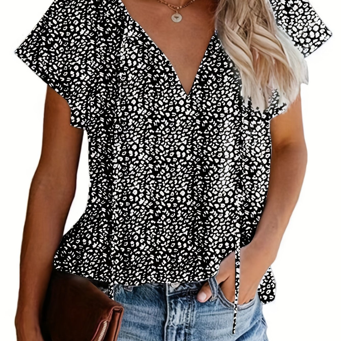 Vzyzv V Neck Flutter Sleeve Blouse, Loose Casual Top For Summer & Spring, Women's Clothing