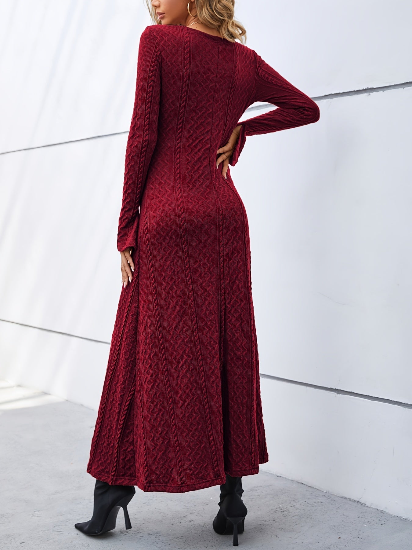 Vzyzv Elegant Buttons Slit Long Dress, Casual Deep V Neck Long Sleeve Waist Long Dresses, Women's Clothing