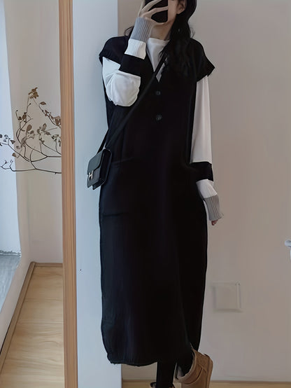 Vzyzv Button Decor Sleeveless Knit Dress, Casual V Neck Dual Pocket Vest Dress For Fall & Winter, Women's Clothing