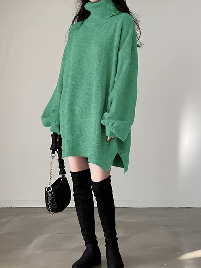 Vzyzv Solid Turtle Neck Oversized Sweater, Casual Long Sleeve Split Sweater, Women's Clothing