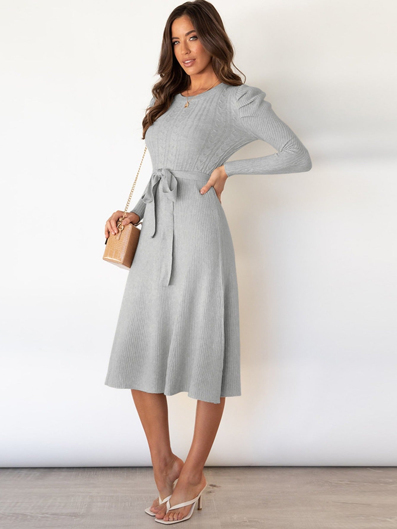 Vzyzv Women's Sweater Women's Casual Dress Long Sleeve Solid Long Tunic Puff Sleeve Sweater Dresses