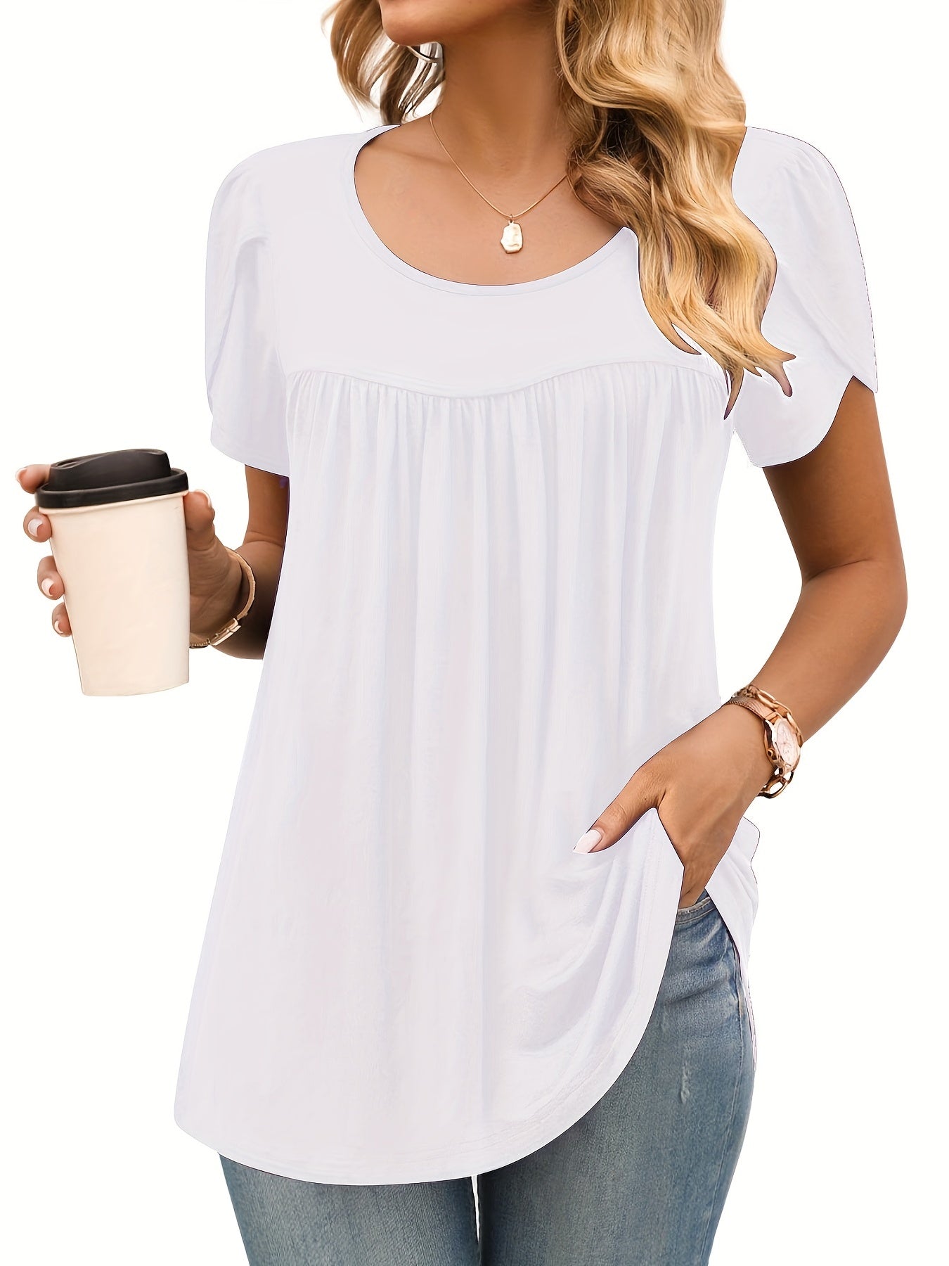 Vzyzv Solid Pleated Crew Neck T-Shirt, Casual Petal Sleeve Top For Spring & Summer, Women's Clothing