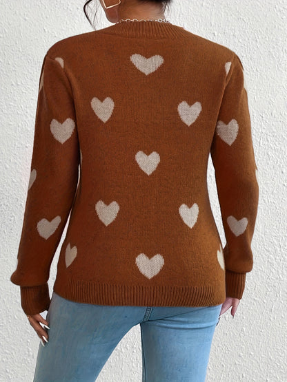 Vzyzv Heart Pattern Crew Neck Sweater, Casual Long Sleeve Pullover Sweater, Women's Clothing