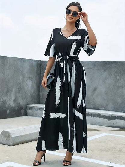 Vzyzv Flutter Sleeve Belted Maxi Dress, Casual Dress For Spring & Summer, Women's Clothing