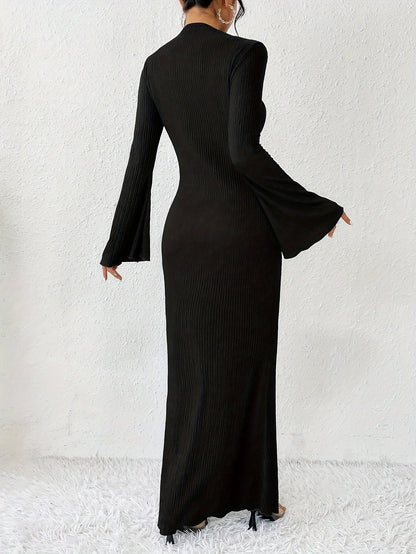Vzyzv Solid Flare Sleeve Mermaid Dress, Elegant Crew Neck Floor Length Fit & Flare Dress, Women's Clothing