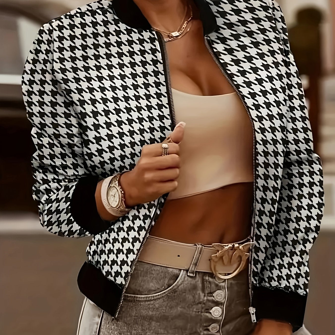 Vzyzv Houndstooth Print Bomber Jacket, Casual Zip Up Long Sleeve Outerwear, Women's Clothing