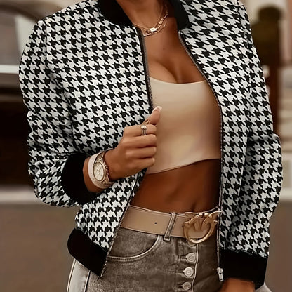 Vzyzv Houndstooth Print Bomber Jacket, Casual Zip Up Long Sleeve Outerwear, Women's Clothing