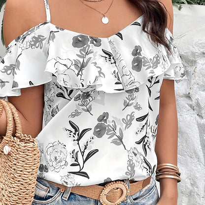 Vzyzv Boho Floral Print Spaghetti Blouse , Vacation Cold Shoulder Ruffle Trim Summer Tops , Women's Clothing