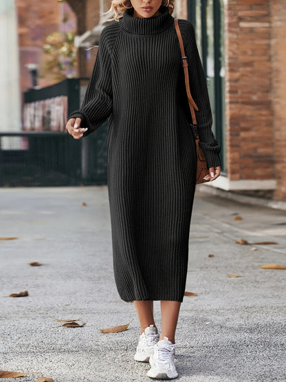Vzyzv Turtleneck Ribbed Sweater Dress, Casual Solid Long Sleeve Midi Dress, Women's Clothing