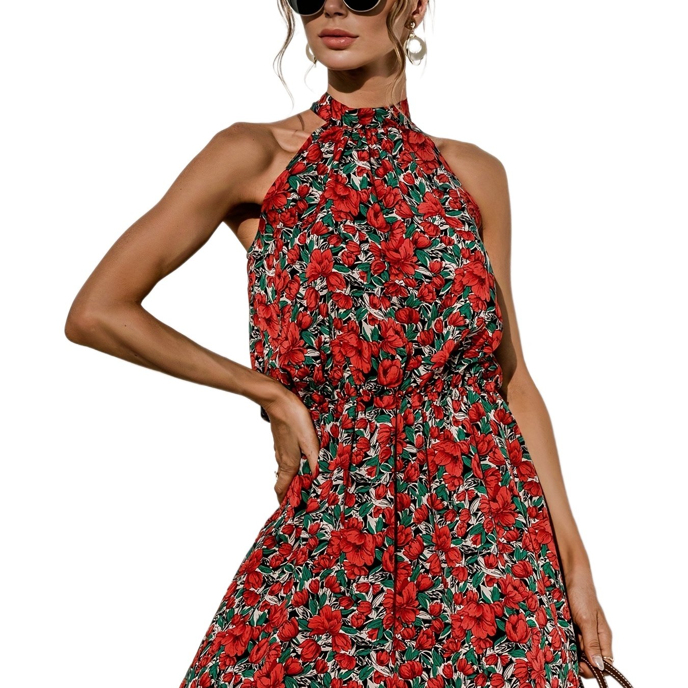 Vzyzv Floral Print Halter Neck Dress, Sexy Sleeveless Dress For Spring & Summer, Women's Clothing