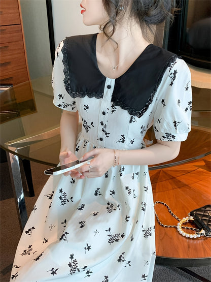 Vzyzv Floral Print Doll Collar Dress, Elegant Short Sleeve Waist Slimming Skinny Dress For Summer, Women's Clothing