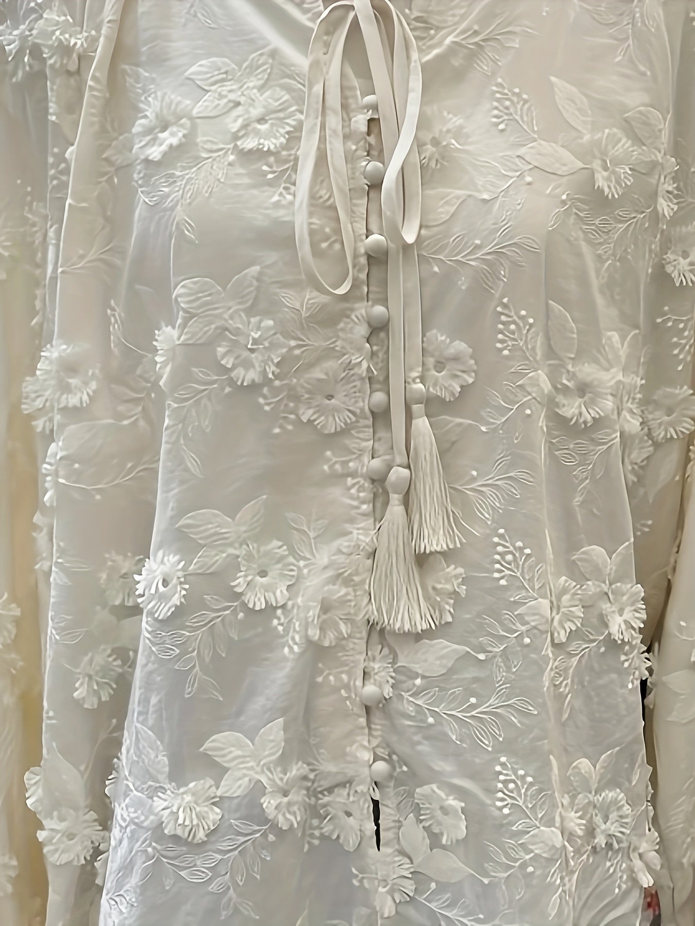 Vzyzv Floral Embroidered Blouse, Elegant Drawstring Long Sleeve Blouse, Women's Clothing