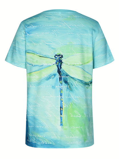 Romildi Vzyzv Dragonfly & Letter Print Crew Neck T-Shirt, Casual Short Sleeve T-Shirt For Spring & Summer, Women's Clothing