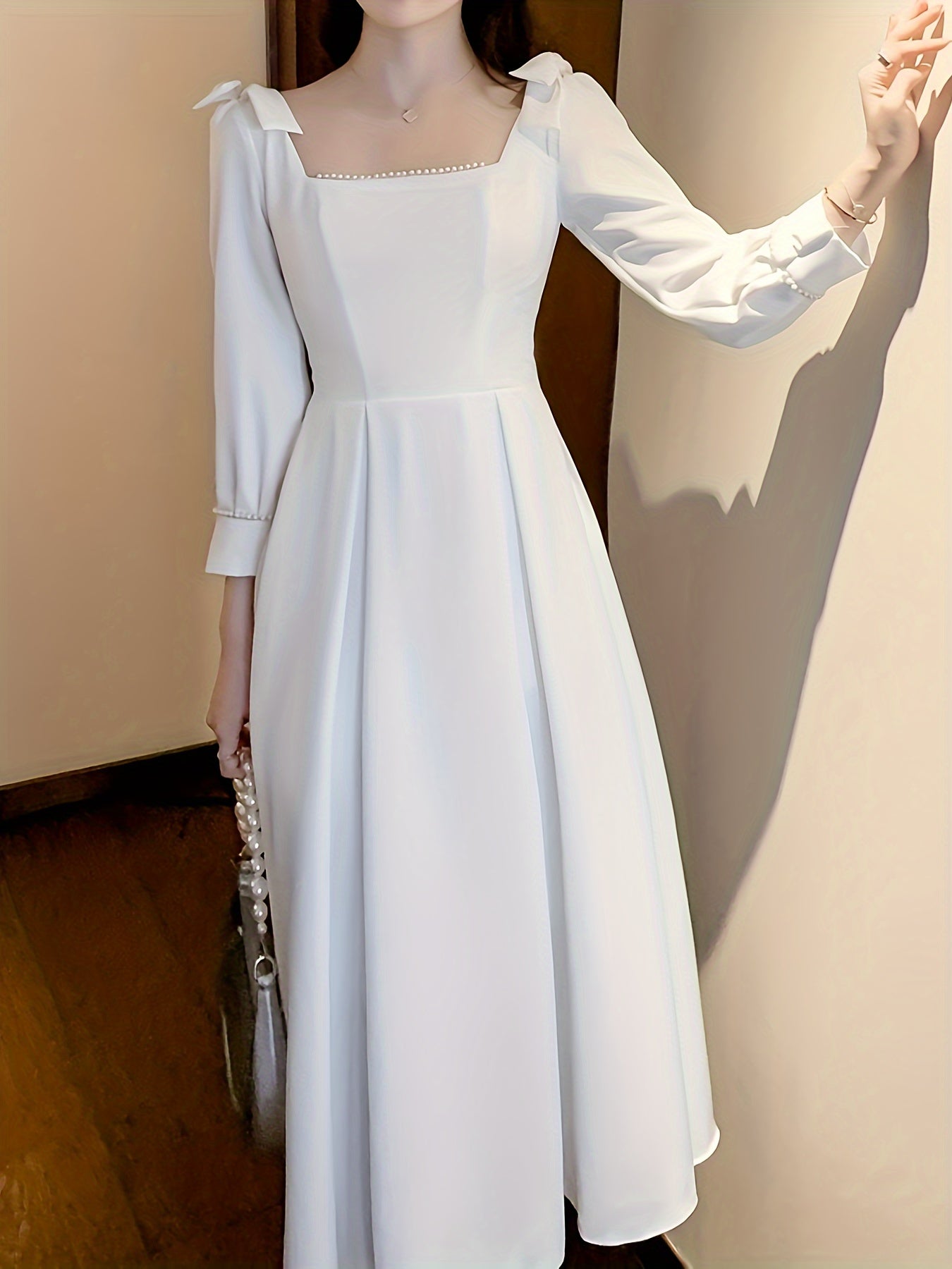 Vzyzv Beaded Square Neck Dress, Elegant Bow Decor Aline Dress For Wedding Party, Women's Clothing