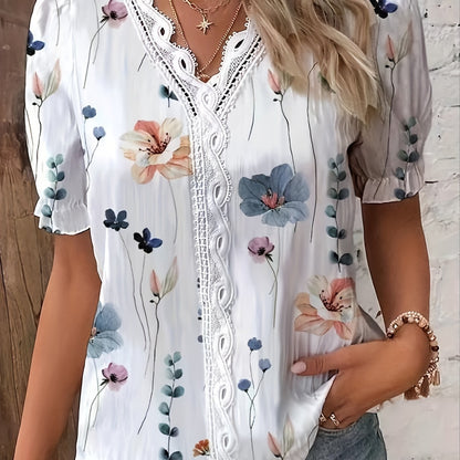 Vzyzv Floral Print V Neck Lace Trim Blouse, Boho Puff Sleeve Blouse For Summer, Women's Clothing