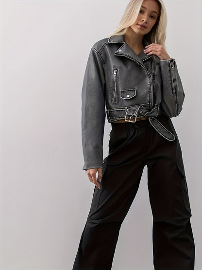 vzyzv  Cropped Faux Leather Biker Jacket, Vintage Slant Pockets Belt Decor Jacket, Women's Clothing