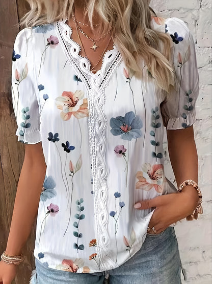 Vzyzv Floral Print V Neck Lace Trim Blouse, Boho Puff Sleeve Blouse For Summer, Women's Clothing