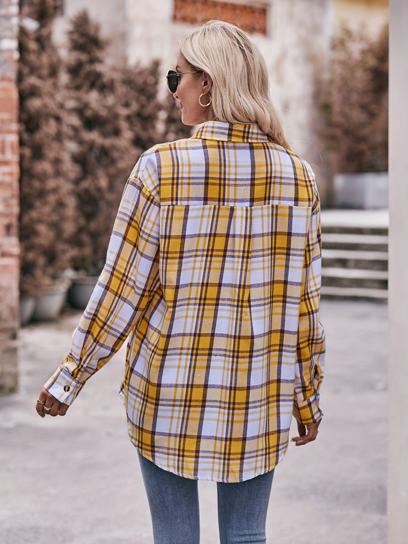 Vzyzv Plaid Print Shirt, Casual Button Front Long Sleeve Shirt, Women's Clothing