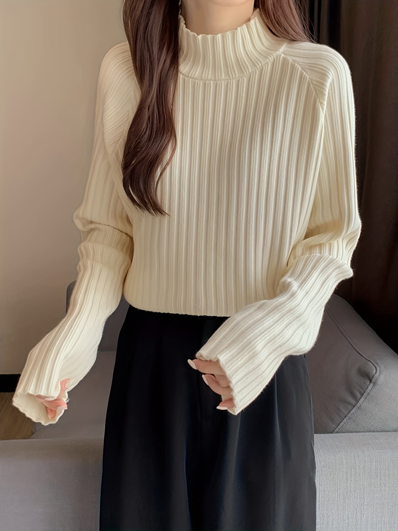 Vzyzv Solid Mock Neck Rib Knit Sweater, Casual Long Sleeve Thick Versatile Sweater, Women's Clothing