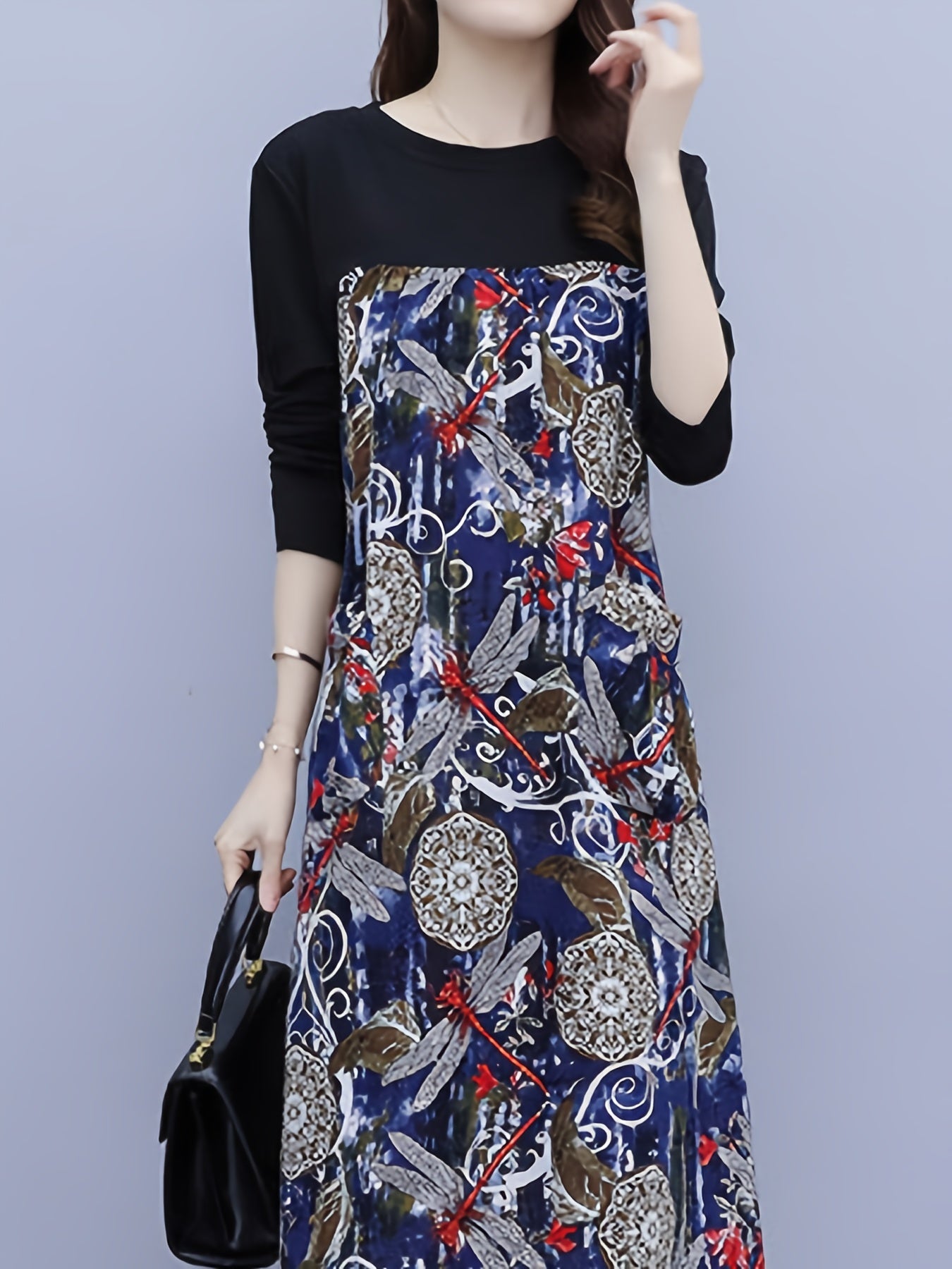 Vzyzv Dragonfly Print Dress, Casual Crew Neck Long Sleeve Midi Dress With Pocket, Women's Clothing