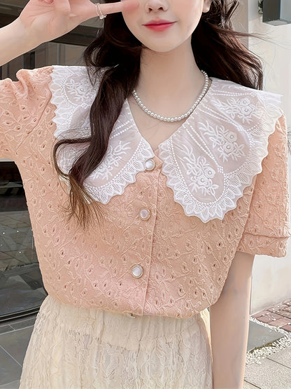 Vzyzv Contrast Trim Elegant Blouse, Short Sleeve Blouse For Spring & Summer, Women's Clothing