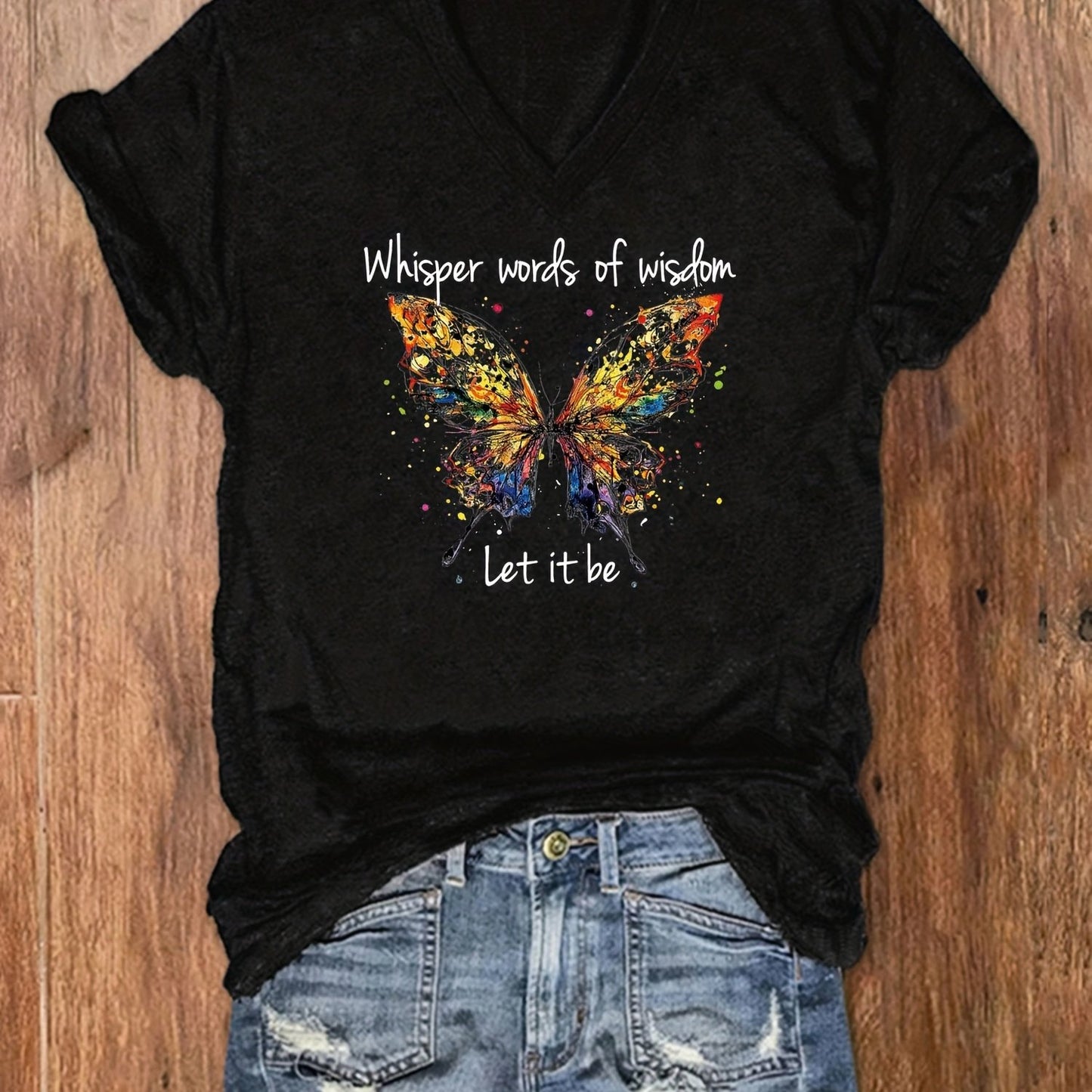 Vzyzv Letter & Butterfly Print T-Shirt, V Neck Short Sleeve T-Shirt, Casual Every Day Tops, Women's Clothing